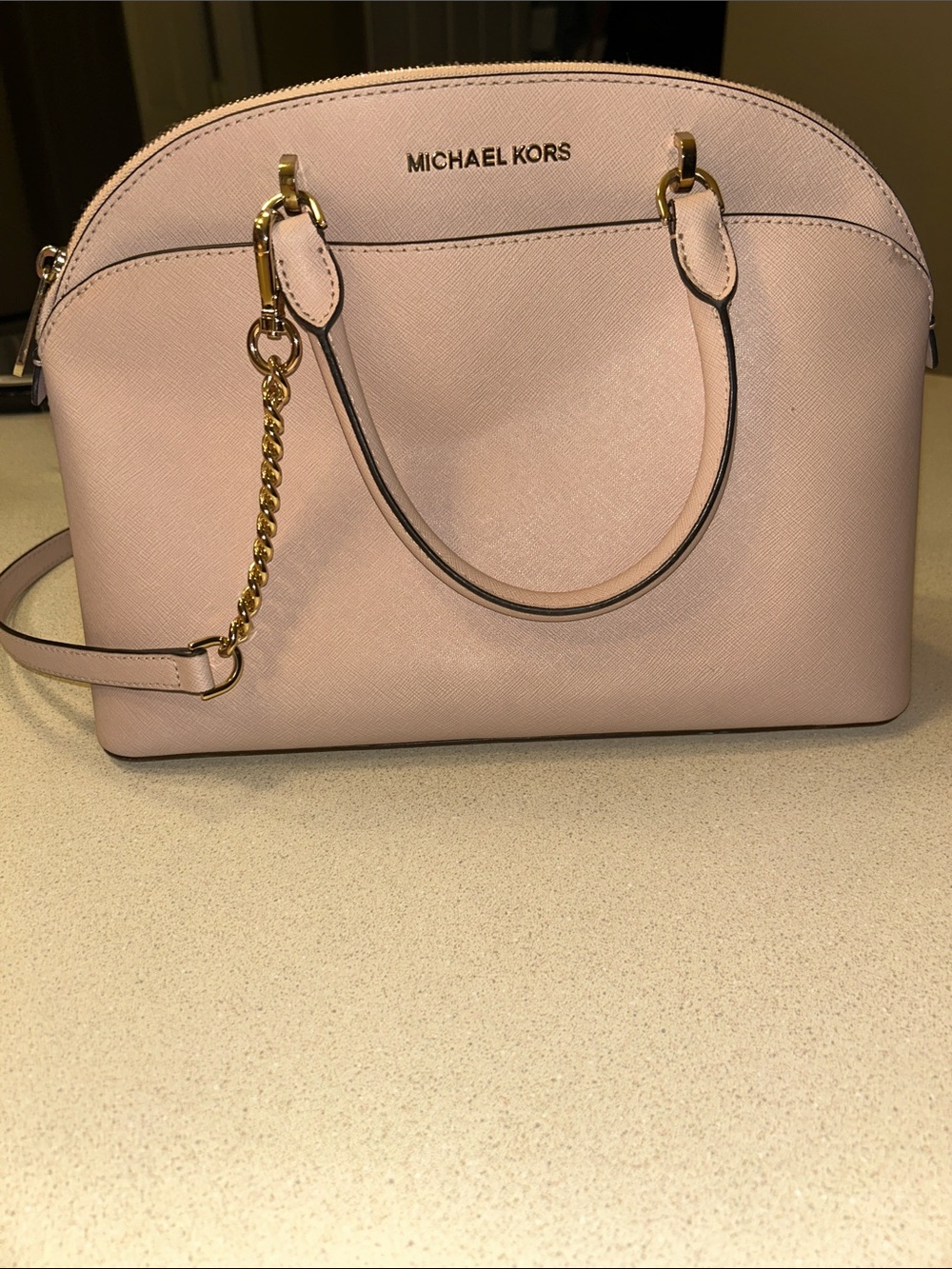 Michael Kors Pale Pink Saffiano Dome Satchel with Gold Hardware